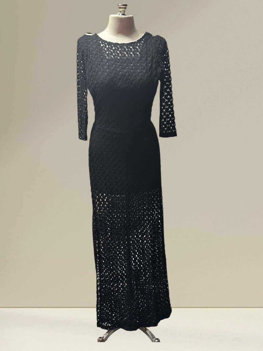 Vintage Black Crochet Lace Floor Length Dress, Medium - ,
